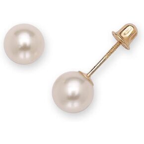 Jewelryweb -Solid 14k Yellow Gold Round Freshwater Cultured Pearl Screw-back Earrings - 3mm 4mm 5mm 6mm 7mm 8mm - Gold pearl earrings - Pearl stud earrings for women in Saudi Arabia