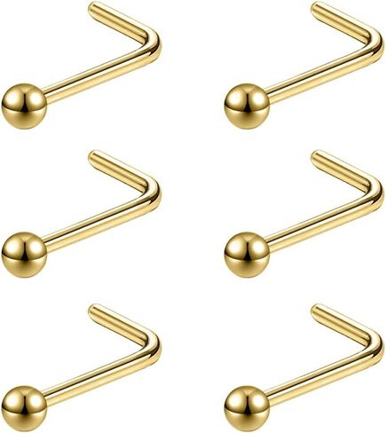 6ixGosh 6pcs 20g الأنف ترصيع 3mm الكرة شقة الجراحية الصلب الأنف الدائري للنساء الرجال الأسود روز الذهب الأنف مسمار L على شكل المفتاح الأنف حلقة ترصيع لطيف الأنف ثقب المجوهرات in Kuwait