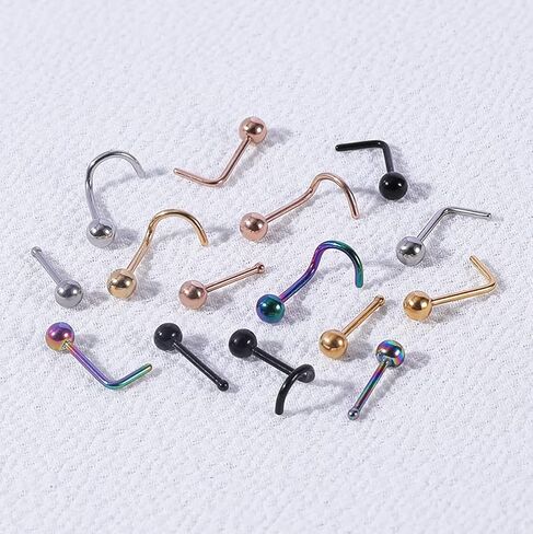 6ixGosh 6pcs 20g الأنف ترصيع 3mm الكرة شقة الجراحية الصلب الأنف الدائري للنساء الرجال الأسود روز الذهب الأنف مسمار L على شكل المفتاح الأنف حلقة ترصيع لطيف الأنف ثقب المجوهرات in Kuwait