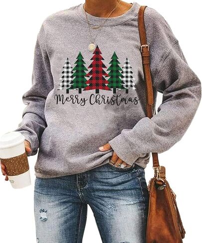 Merry and Bright Shirt Women Funny Leopard Printed Plaid Christmas Trees Long Sleeve Sweatshirts Xmas Graphic Tees in Saudi Arabia