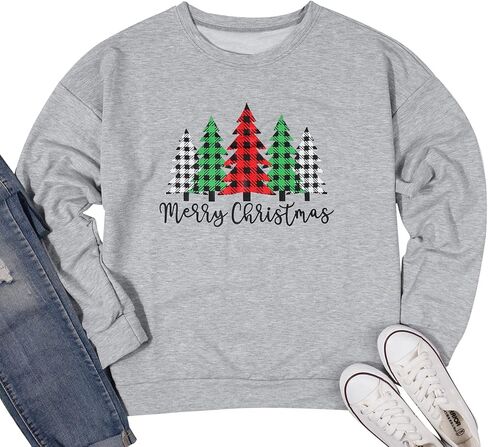Merry and Bright Shirt Women Funny Leopard Printed Plaid Christmas Trees Long Sleeve Sweatshirts Xmas Graphic Tees in Saudi Arabia