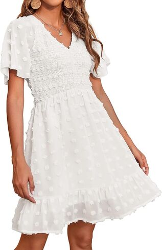 BTFBM Women's V Neck Smocked Short Sleeve Casual Dress Swiss Dot Swing Flowy Ruffle Hem Mini Beach Summer Dresses 2023 in Kuwait