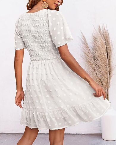 BTFBM Women's V Neck Smocked Short Sleeve Casual Dress Swiss Dot Swing Flowy Ruffle Hem Mini Beach Summer Dresses 2023 in Kuwait