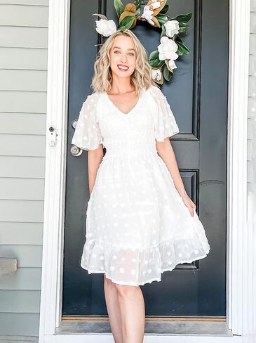 BTFBM Women's V Neck Smocked Short Sleeve Casual Dress Swiss Dot Swing Flowy Ruffle Hem Mini Beach Summer Dresses 2023 in Kuwait