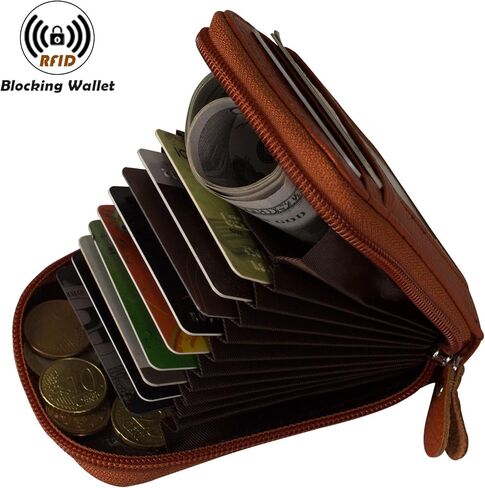 RFID Blocking Credit Card Case Organizer Genuine Leather Zip-Around Security Wallet Black in Kuwait