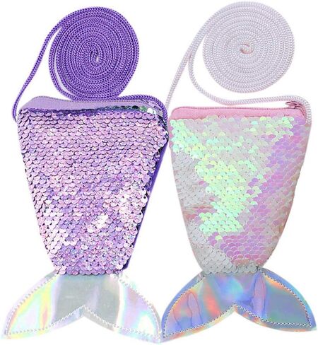 Starte Pack مكونة من 2 محفظة على شكل حورية البحر للفتيات وحقائب محفظة للعملات المعدنية وحقيبة كتف صغيرة للفتيات الصغيرات (أرجواني + وردي) in Kuwait