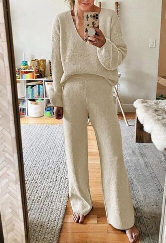 Ceuplon المرأة متماسكة Sweatsuits 2 قطعة عادية الخامس الرقبة بلون مضلع رياضية صالة منامة مجموعة ملابس الترفيه in Kuwait