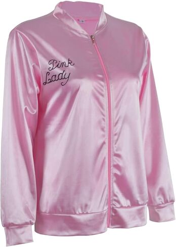 MAPLECOS Nostalgic 50S Pink Satin Jacket for Women Lady Girls with Spotted Neck Scarfs Halloween Cosplay Costume in Kuwait