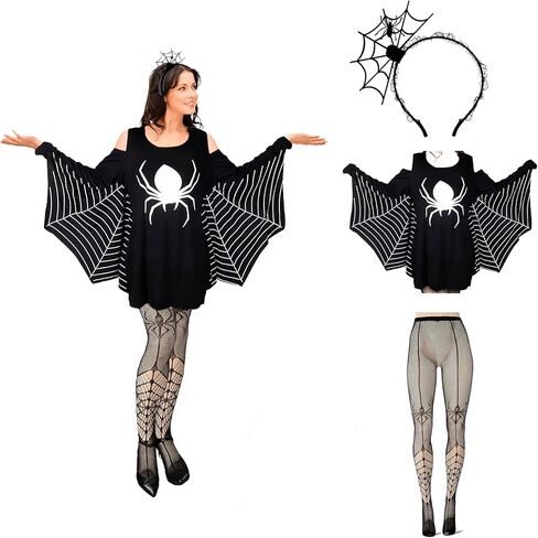 ZANLER 3 قطع زي عنكبوت للنساء للهالوين عصابة رأس سوداء عنكبوت كيب للهالوين فستان سبايدروب فخذ عالي طويل بالإضافة إلى حجم ملابس عنكبوت الهالوين للنساء والفتيات والحفلات التنكرية (XXXL) in Kuwait