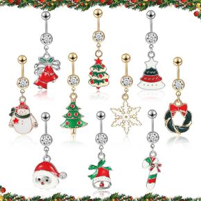Jadive 10 Pcs Christmas Belly Button Rings Piercing Santa Belly Rings Long Dangle Stainless Steel Navel Rings Belly Button Rings Set for Women Winter Holiday, 10 Styles in Saudi Arabia