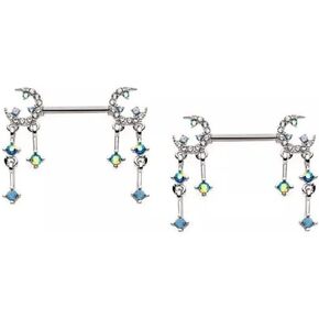 Pierced Owl 14GA 316L Stainless Steel Gemmed Crescent Moon and Star with Dangling Charms Nipple Barbells, Sold as a Pair in Kuwait