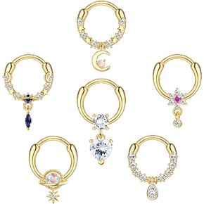 JOERICA 6 Pcs 16G Dangle Septum Rings for Women Blue Planet Moon Star Flower CZ Opal Dangle Septum Nose Rings Cartilage Helix Daith Earrings Dangling Septum Piercing Jewelry