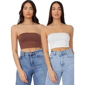 MakeMeChic Women's 2packs Strapless Crop Tube Top Solid Basic Bandeau