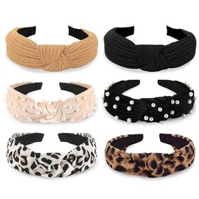 WOVOWOVO Headbands for Women Girls Thick Turban Velvet Knotted Headband Wide Pearl, Top Knot Head Bands for Women’s Hair Band, 6Pcs