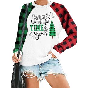 PECHAR Christmas Tree Sweatshirt Womens Leopard Plaid Christmas Shirts Xmas Raglan Long Sleeve Holiday Pullover Tops