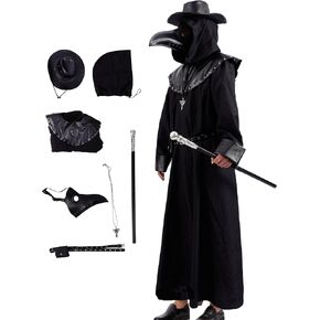 Plague Doctor Costume Men Halloween 7PCS Mask Hat Black Cloak Steampunk Medieval Cosplay Holiday Outfit for Adult Unisex in Kuwait