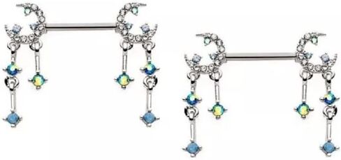 Pierced Owl 14GA 316L Stainless Steel Gemmed Crescent Moon and Star with Dangling Charms Nipple Barbells, Sold as a Pair in Kuwait