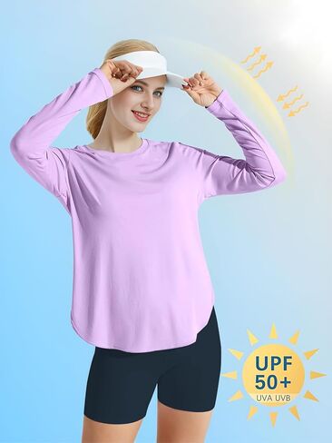 تي شيرتات رياضية للسيدات من BKRIVE - قمصان طويلة الأكمام للمشي لمسافات طويلة واليوجا للملابس الخارجية قميص خفيف الوزن بعامل حماية من الشمس (SPF) in Kuwait