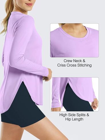 تي شيرتات رياضية للسيدات من BKRIVE - قمصان طويلة الأكمام للمشي لمسافات طويلة واليوجا للملابس الخارجية قميص خفيف الوزن بعامل حماية من الشمس (SPF) in Kuwait