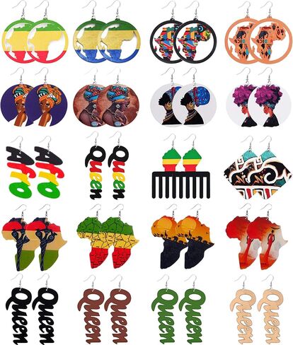 BOMAIL 20 زوجًا من الأقراط الخشبية الأفريقية للنساء أقراط دائرية مطلية بالخشب أقراط متدلية على الطراز العرقي in Kuwait