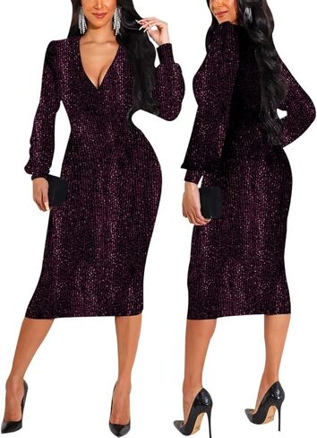 فساتين نسائية مثيرة سباركلي أساسية بأكمام طويلة، فستان متوسط ​​الطول للحفلات الليلية والترتر in Kuwait