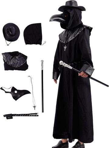 Plague Doctor Costume Men Halloween 7PCS Mask Hat Black Cloak Steampunk Medieval Cosplay Holiday Outfit for Adult Unisex in Kuwait