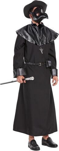 Plague Doctor Costume Men Halloween 7PCS Mask Hat Black Cloak Steampunk Medieval Cosplay Holiday Outfit for Adult Unisex in Kuwait