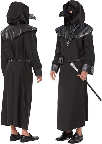 Plague Doctor Costume Men Halloween 7PCS Mask Hat Black Cloak Steampunk Medieval Cosplay Holiday Outfit for Adult Unisex in Kuwait