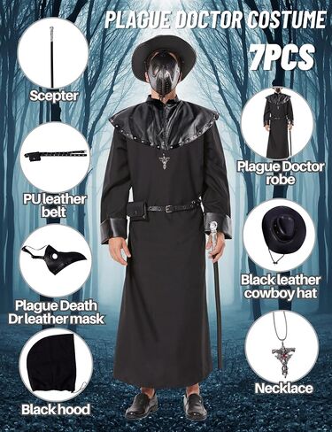 Plague Doctor Costume Men Halloween 7PCS Mask Hat Black Cloak Steampunk Medieval Cosplay Holiday Outfit for Adult Unisex in Kuwait