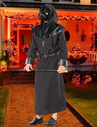 Plague Doctor Costume Men Halloween 7PCS Mask Hat Black Cloak Steampunk Medieval Cosplay Holiday Outfit for Adult Unisex in Kuwait