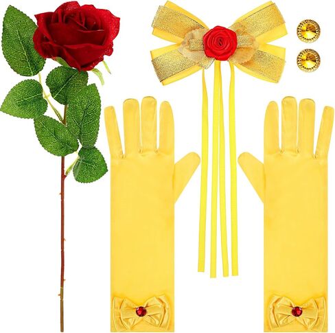 Haysandy 4 Pcs Girls Princess Costume Accessories Include Yellow Hair Bow Gloves Jewelry Earrings and Rose Flower Princess Dress Up Accessories for Girls Halloween Cosplay in Saudi Arabia