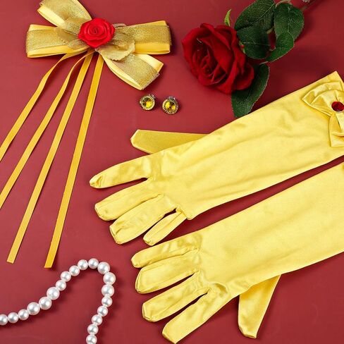 Haysandy 4 Pcs Girls Princess Costume Accessories Include Yellow Hair Bow Gloves Jewelry Earrings and Rose Flower Princess Dress Up Accessories for Girls Halloween Cosplay in Saudi Arabia