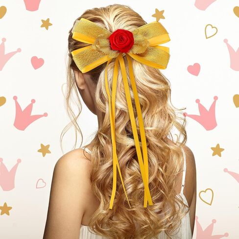 Haysandy 4 Pcs Girls Princess Costume Accessories Include Yellow Hair Bow Gloves Jewelry Earrings and Rose Flower Princess Dress Up Accessories for Girls Halloween Cosplay in Saudi Arabia