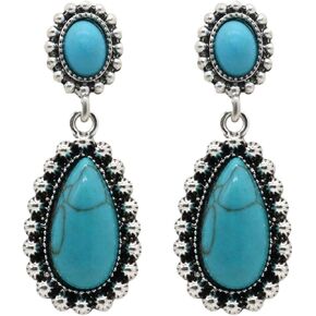 Vintage Boho Statement Drop Earrings Oval Imitate Turquoise Ethnic Charms Flower Dangle Earring for Women Girls Jewelry Gift