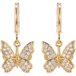 INENIMARTJ Charm Butterfly Hoop Earrings,14K Gold Silver Crystal Butterfly Drop Dangle Earrings for Women Teen Girls