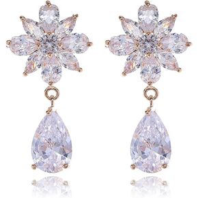 Women's Cubic Zirconia Bridal Earring - Elegant Gold Plated Teardrop Cluster Floral Leaf CZ Crystal Rhinestone Wedding Earring for Bride
