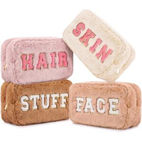 Paterr 4 Pieces Chenille Letter Preppy Makeup Bag Plush Fuzzy Makeup Bag Cosmetic Bag Hair Skin Face Stuff Bag Pouch with Zipper for Women Girls Travel Toiletry Storage Organization