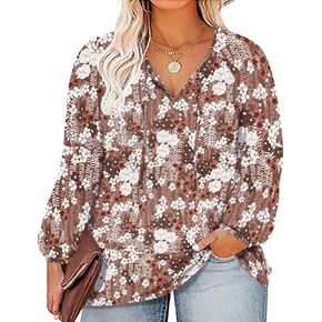 CARCOS Womens Plus Size Floral Blouses Long/Short Sleeve Boho Tops V Neck Chiffon Shirts Drawstring Business Tunics XL-5XL
