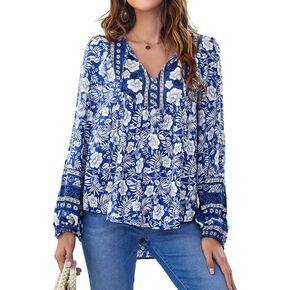 YUZIBAO Blouses for Women V Neck Long Sleeve Boho Tops Babydoll Shirts Floral Print Blouse