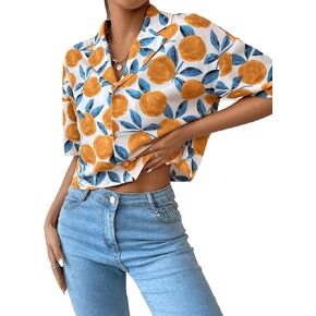 Floerns Women's All Over Print Button Down Short Sleeve Shirt Blouse Crop Top