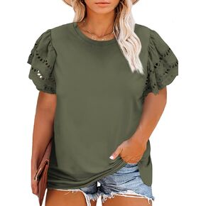 Eytino Womens Plus Size Hollow Out Ruffle Short Sleeve Crewneck Summer Casual Tee Shirts Blouse(1X-5X) in Kuwait