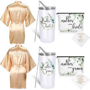 Sieral 8 Pack Mother of the Bride and Groom Gifts Satin Robe for Wedding day Gifts with 20 oz Cup Tumblers Makeup Bag Handkerchief(Champaign Gold, Trendy) in Saudi Arabia