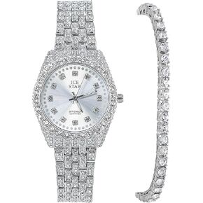 Women's 33mm Iced Out Watch and Jewelry Set - Sparkling Timepiece with Simulated Diamonds and Cubic Zirconia - Durable Alloy - Watch, Chain, and Bracelet Sets - 14k Gold or Silver Tone Finish in Kuwait