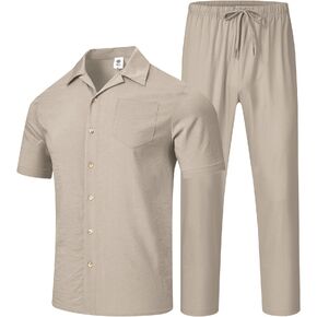 MoFiz Men's Tracksuit Short Set 2 Pieces Casual Outfits Button Down Shirts Drawstring Pants Beach Vacation Suit Soft Comfy