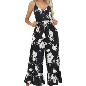 Hojalis جمبسوت نسائي غير رسمي بدون أكمام فضفاض بياقة على شكل حرف v وحزام سباغيتي قابل للتعديل رومبير بوهيمي مطبوع عليه زهور in Kuwait