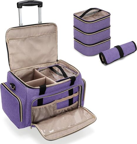 BAFASO Rolling Makeup Case with 3 Removable Cases and 1 Makeup Brush Holder Bag, Multifunctional Makeup Bag with Detachable Dolly (Patented Design), Purple in Kuwait