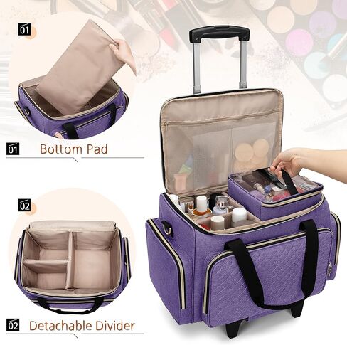 BAFASO Rolling Makeup Case with 3 Removable Cases and 1 Makeup Brush Holder Bag, Multifunctional Makeup Bag with Detachable Dolly (Patented Design), Purple in Kuwait