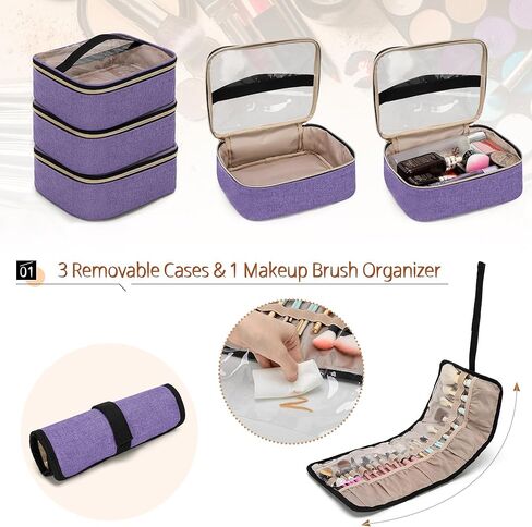 BAFASO Rolling Makeup Case with 3 Removable Cases and 1 Makeup Brush Holder Bag, Multifunctional Makeup Bag with Detachable Dolly (Patented Design), Purple in Kuwait