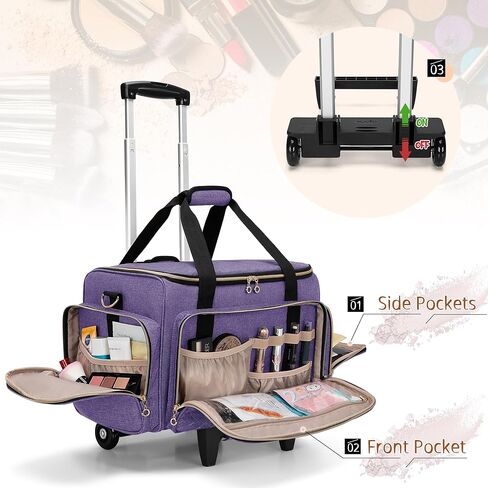 BAFASO Rolling Makeup Case with 3 Removable Cases and 1 Makeup Brush Holder Bag, Multifunctional Makeup Bag with Detachable Dolly (Patented Design), Purple in Kuwait