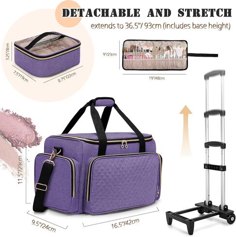 BAFASO Rolling Makeup Case with 3 Removable Cases and 1 Makeup Brush Holder Bag, Multifunctional Makeup Bag with Detachable Dolly (Patented Design), Purple in Kuwait
